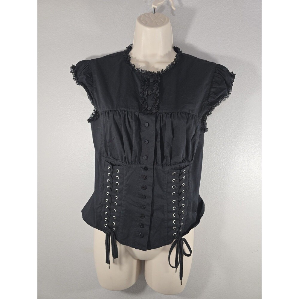 Moda International Y2K Button-Up Corset Top Emo Goth Black Vintage Sz Medium BP